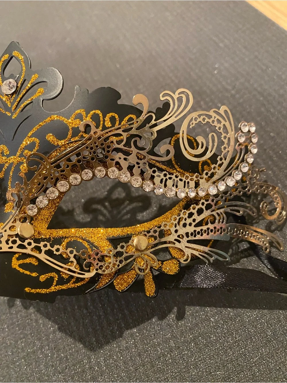 Like New. Stunning Black and Gold Venetian Masquerade Mask with Rhinestones